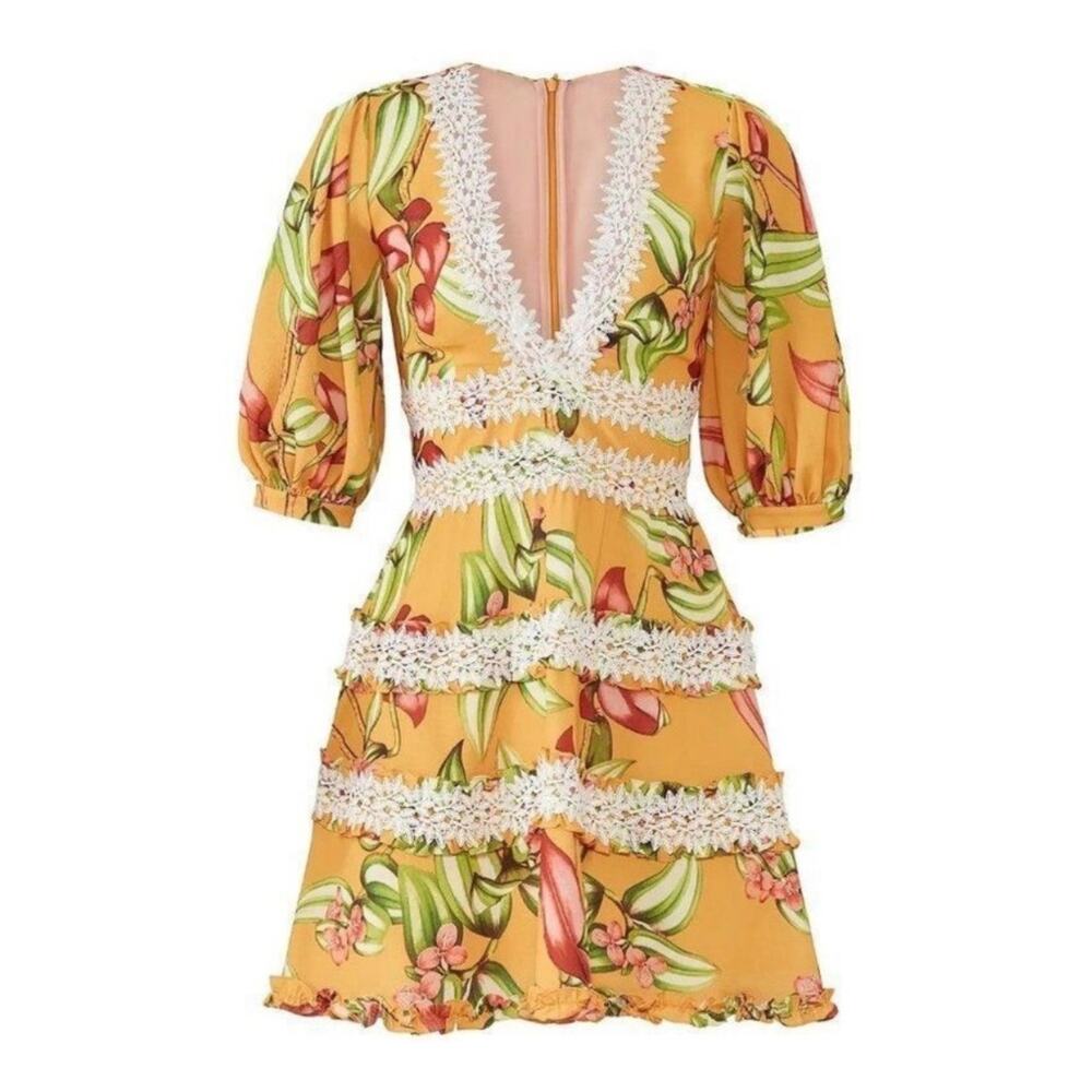 PatBO Floral V-Neck Stretch Flare Mini Yellow Dress | Size 6